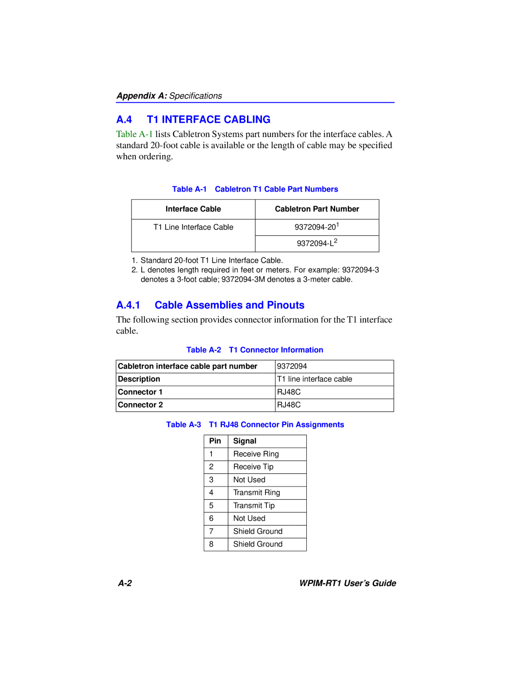 Cabletron Systems WPIM-RT1 manual T1 Interface Cabling, Cable Assemblies and Pinouts 