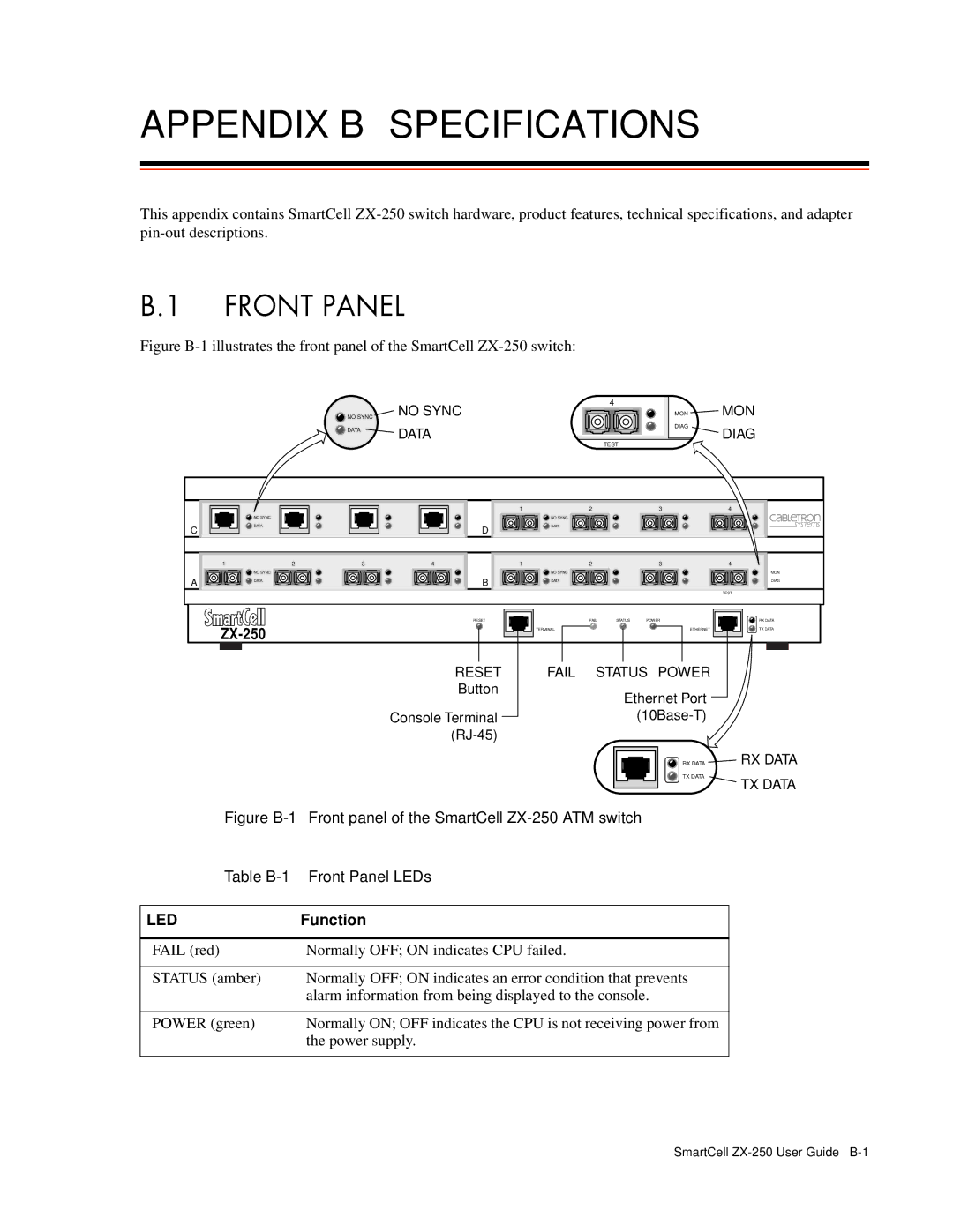 Cabletron Systems ZX-250 manual Appendix B Specifications, Function 