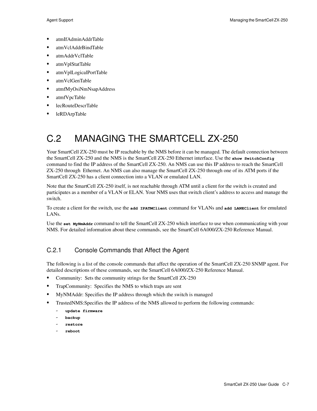 Cabletron Systems manual Managing the Smartcell ZX-250, Console Commands that Affect the Agent 