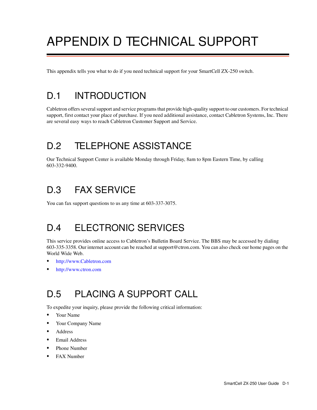 Cabletron Systems ZX-250 Introduction, Telephone Assistance, FAX Service, Electronic Services, Placing a Support Call 