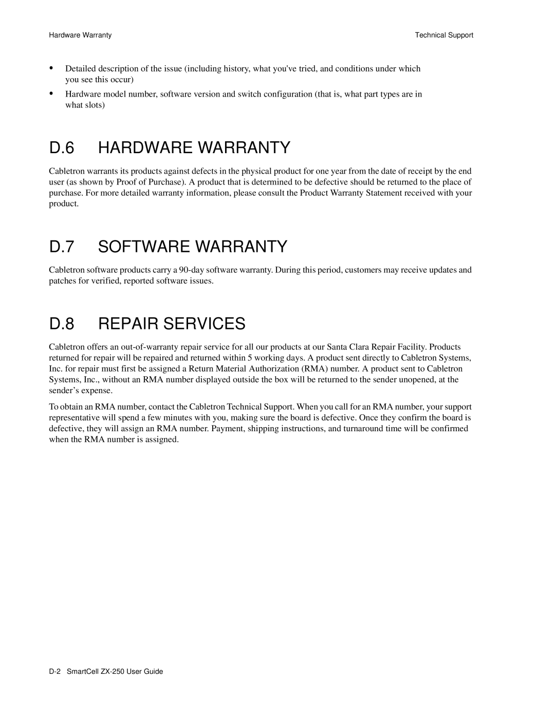 Cabletron Systems ZX-250 manual Hardware Warranty, Software Warranty, Repair Services 