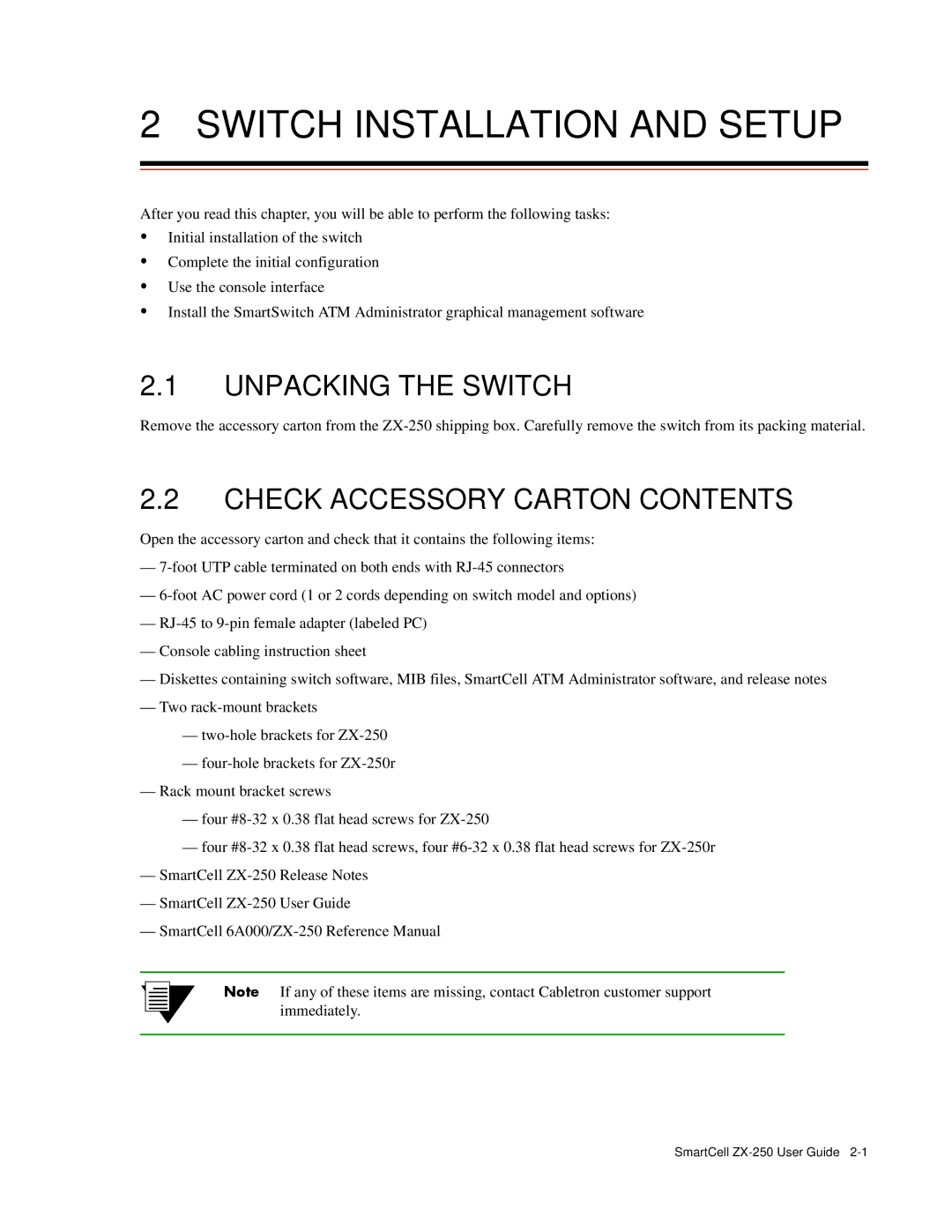 Cabletron Systems ZX-250 manual Unpacking the Switch, Check Accessory Carton Contents 