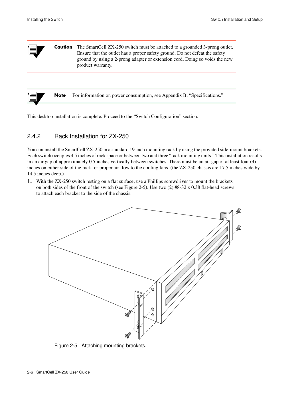 Cabletron Systems manual Rack Installation for ZX-250, Attaching mounting brackets 