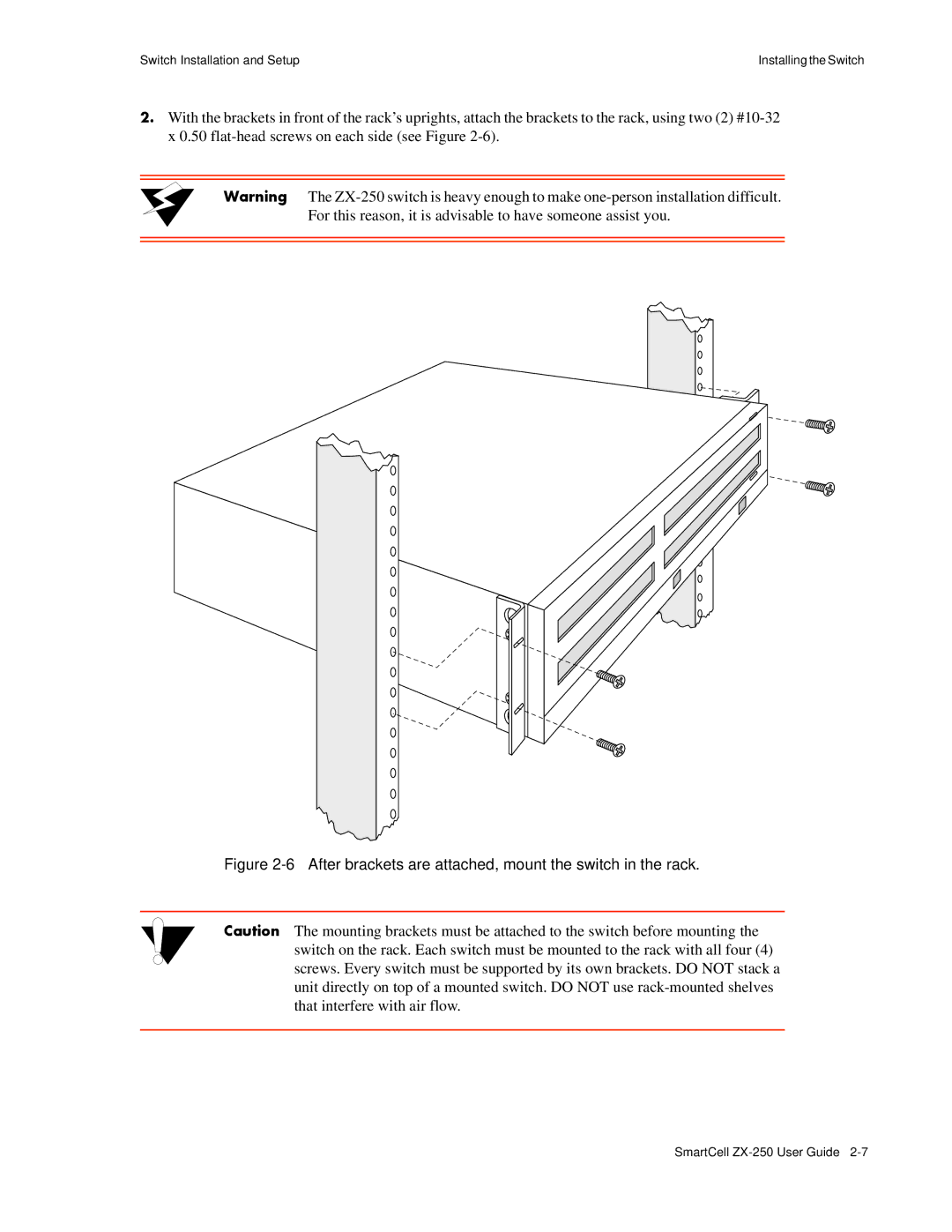 Cabletron Systems ZX-250 manual After brackets are attached, mount the switch in the rack 