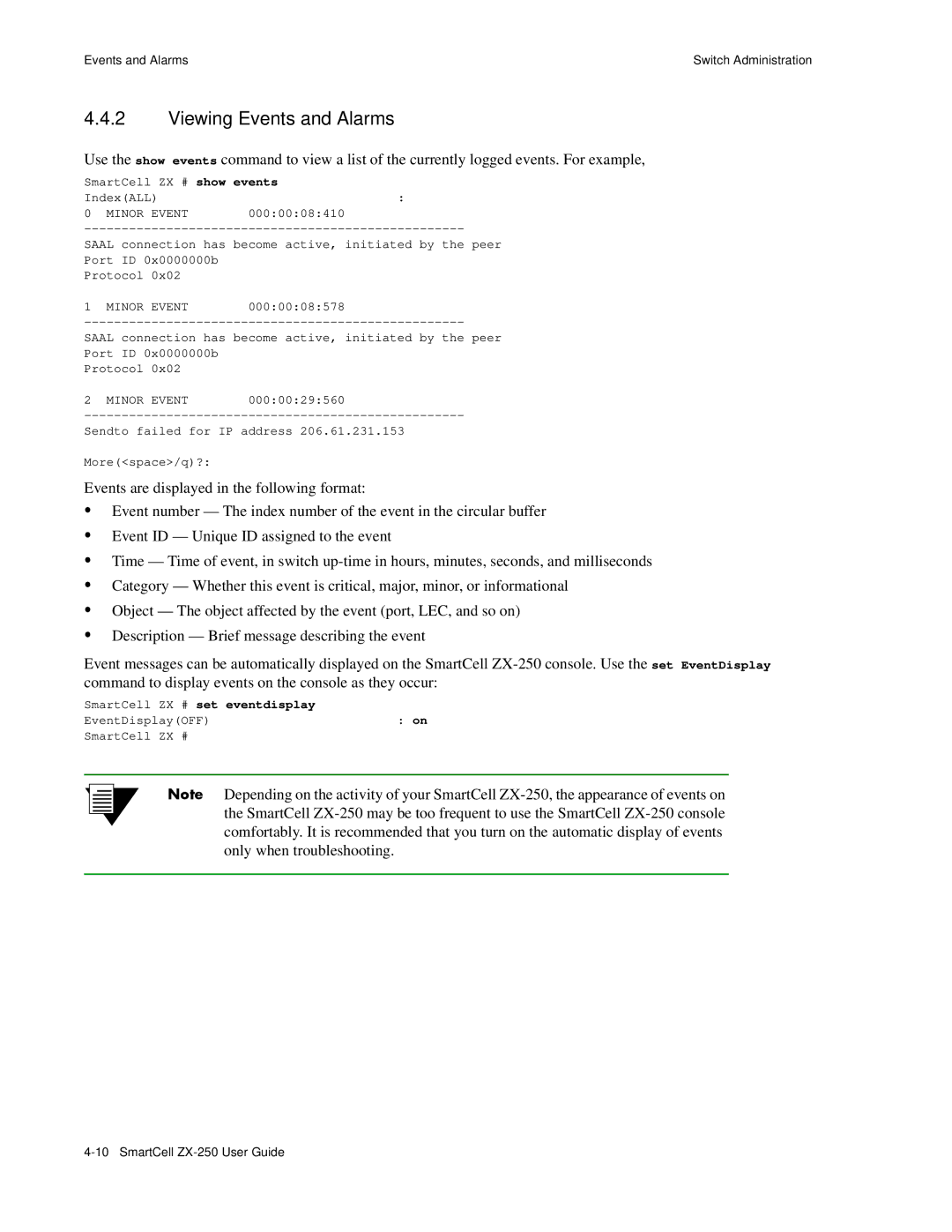 Cabletron Systems ZX-250 manual Viewing Events and Alarms, SmartCell ZX # set eventdisplay 