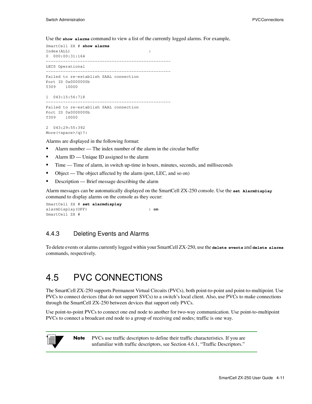 Cabletron Systems ZX-250 manual PVC Connections, Deleting Events and Alarms, SmartCell ZX # set alarmdisplay 