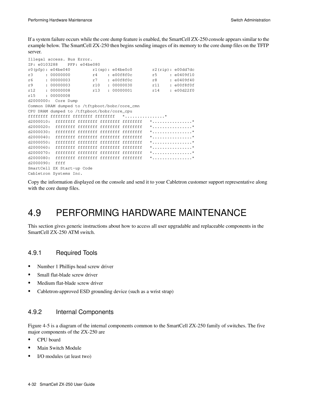 Cabletron Systems ZX-250 manual Performing Hardware Maintenance, Required Tools, Internal Components 