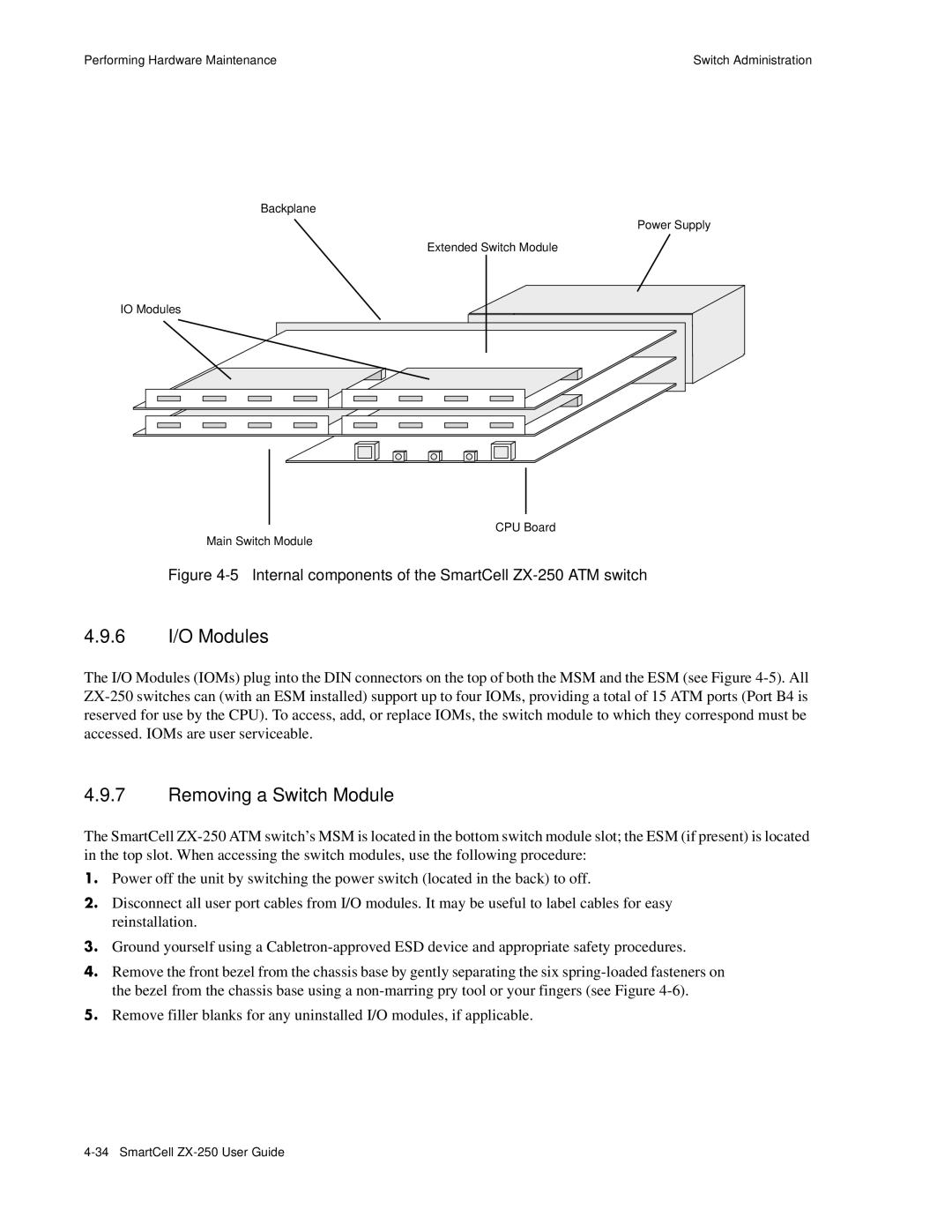 Cabletron Systems ZX-250 manual 6 I/O Modules, Removing a Switch Module 