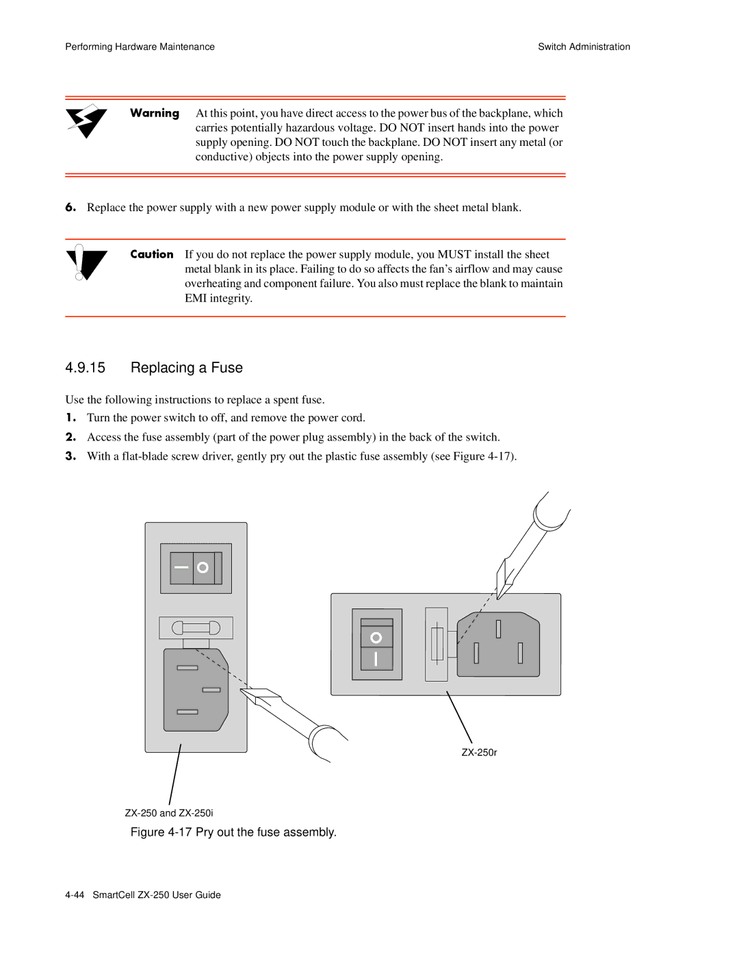 Cabletron Systems ZX-250 manual Replacing a Fuse, Pry out the fuse assembly 