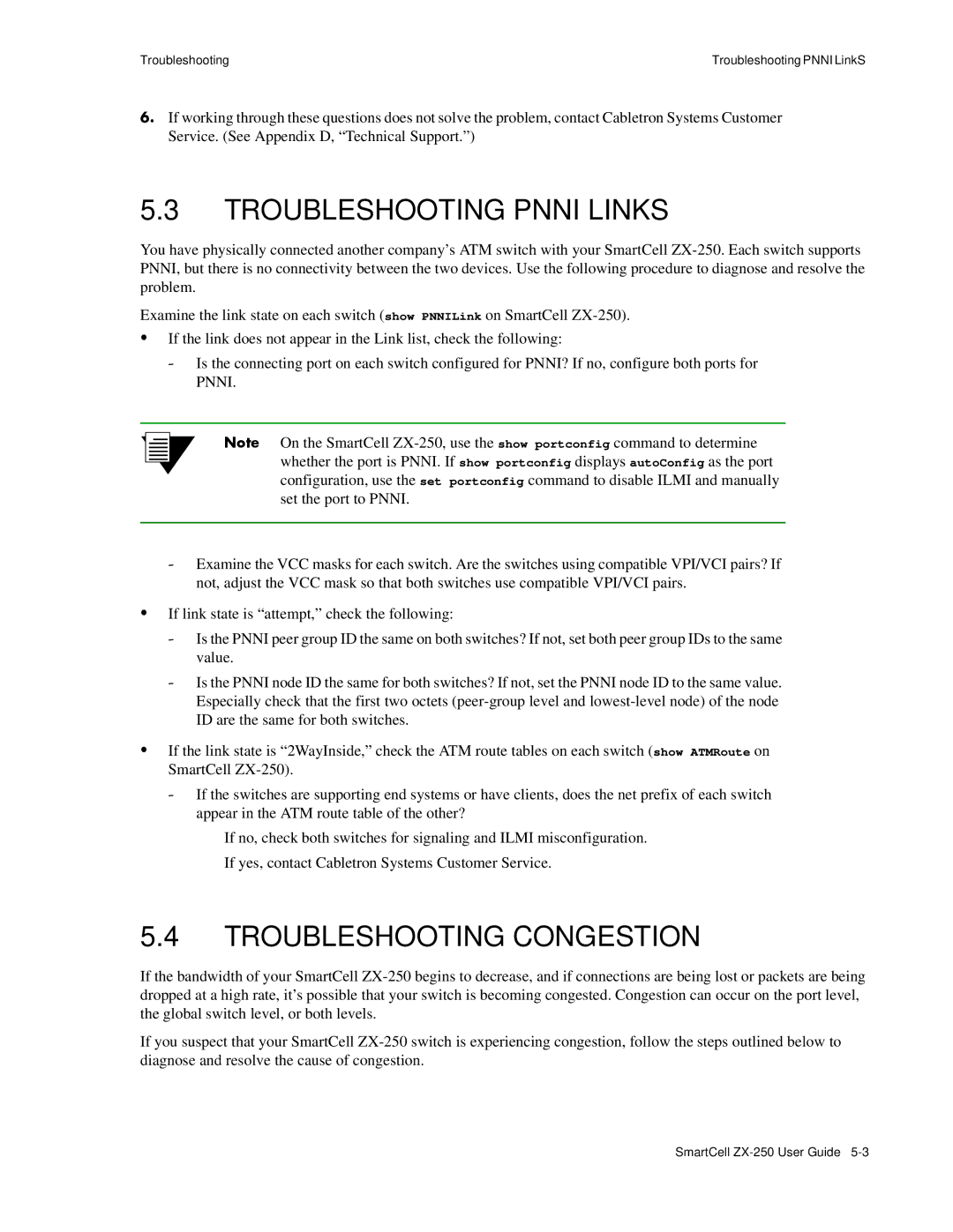 Cabletron Systems ZX-250 manual Troubleshooting Pnni Links, Troubleshooting Congestion 