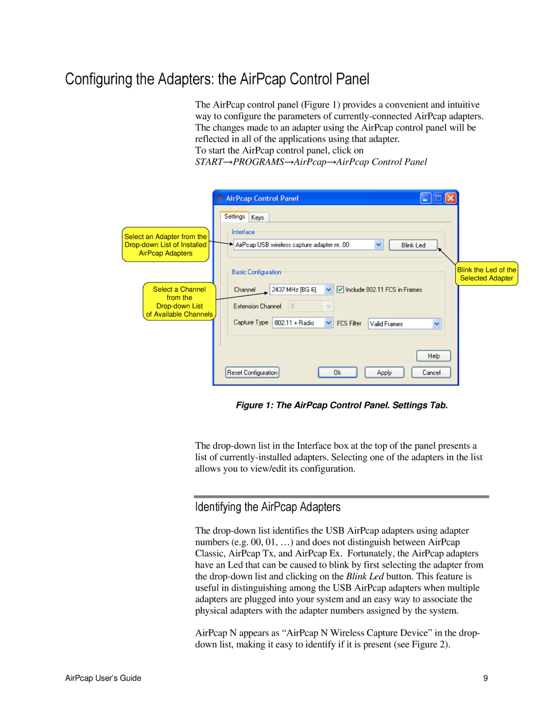 Cace Technologies AirPcap Wireless Capture Adapters manual Configuring the Adapters the AirPcap Control Panel 