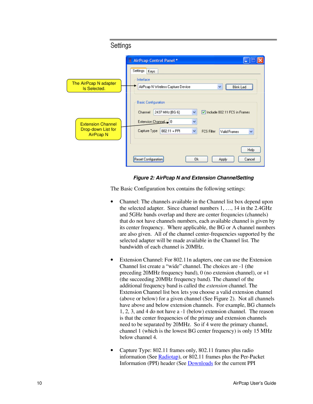 Cace Technologies AirPcap Wireless Capture Adapters manual Settings, AirPcap N and Extension ChannelSetting 