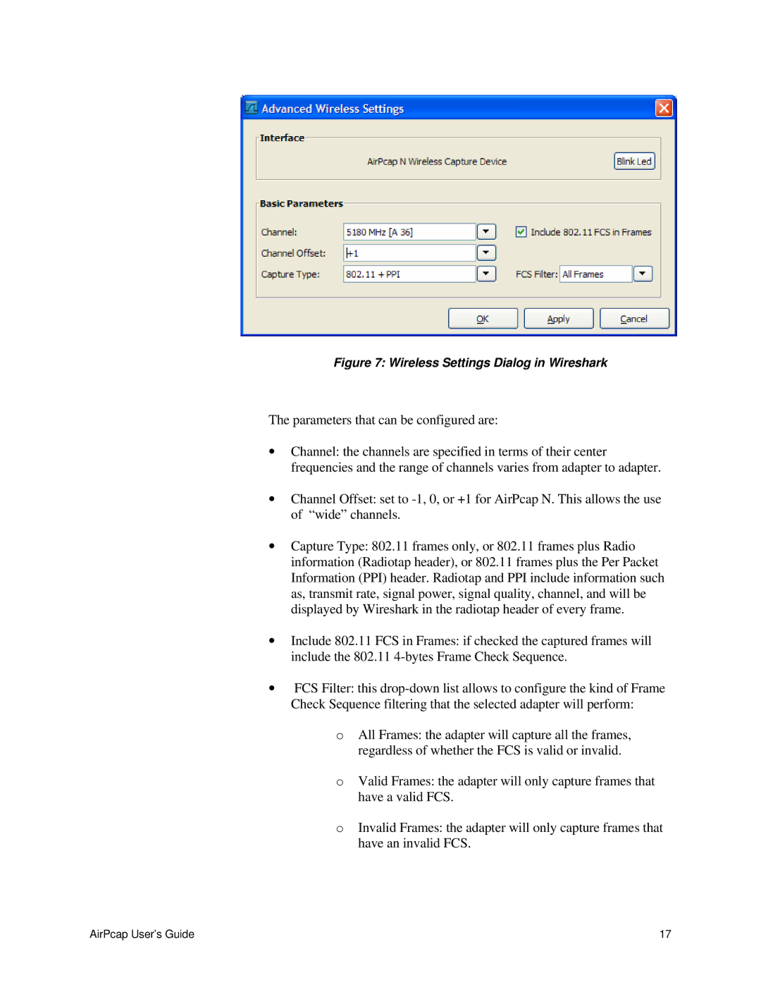 Cace Technologies AirPcap Wireless Capture Adapters manual Parameters that can be configured are 