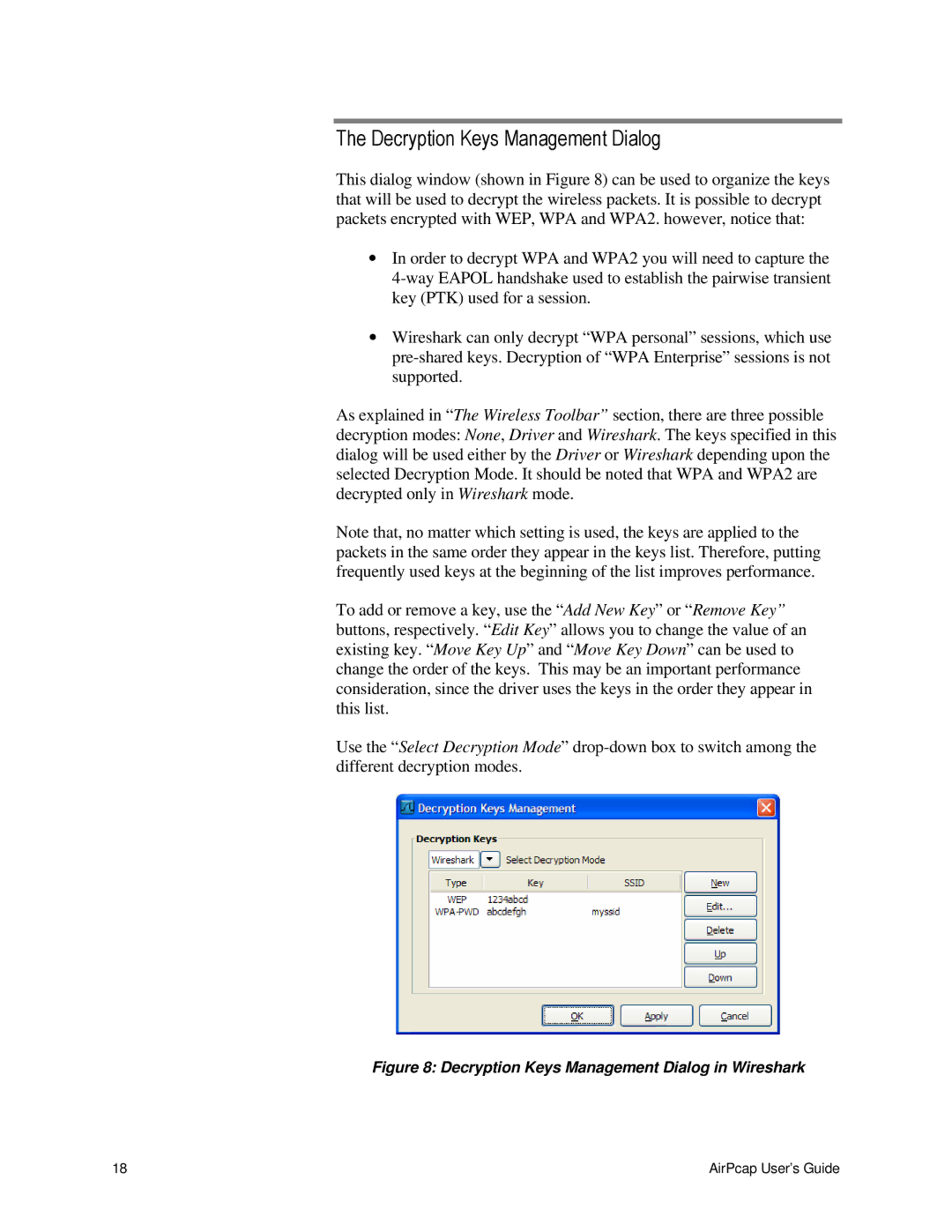 Cace Technologies AirPcap Wireless Capture Adapters manual Decryption Keys Management Dialog 
