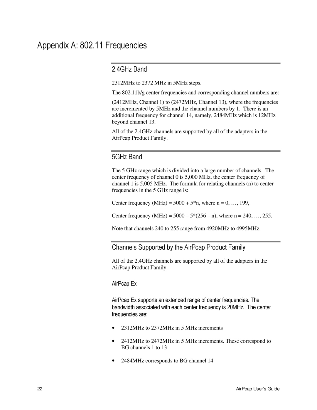 Cace Technologies AirPcap Wireless Capture Adapters manual Appendix a 802.11 Frequencies, 4GHz Band, 5GHz Band 