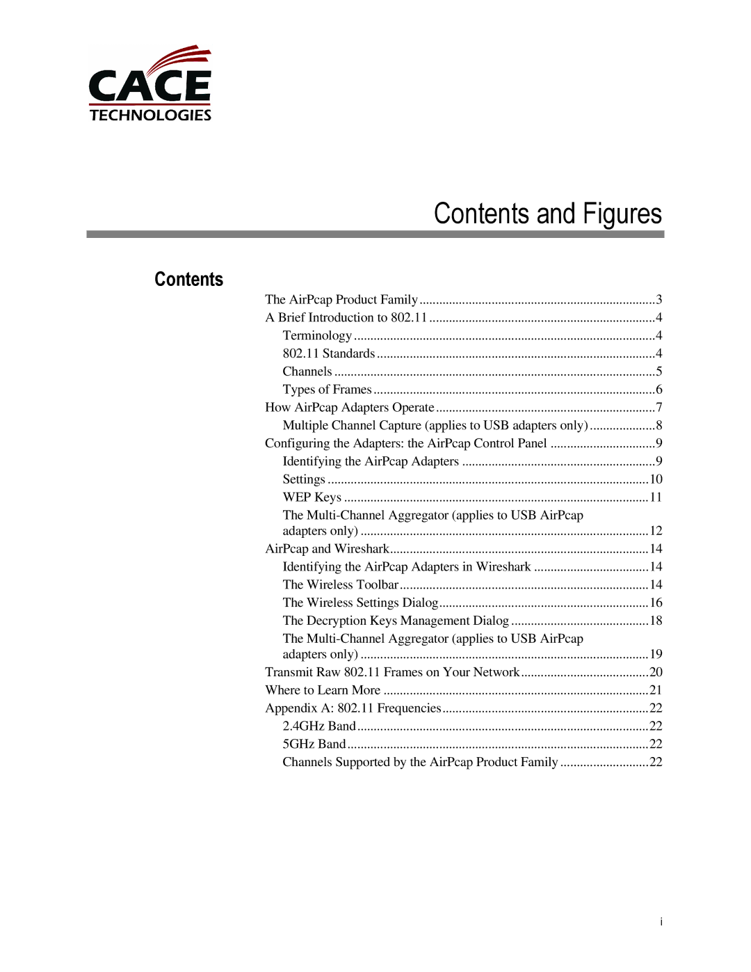 Cace Technologies AirPcap Wireless Capture Adapters manual Contents and Figures 