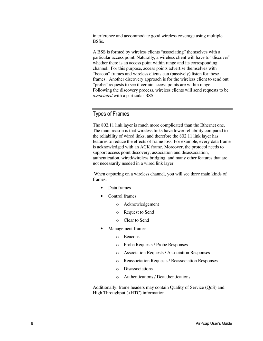 Cace Technologies AirPcap Wireless Capture Adapters manual Types of Frames 