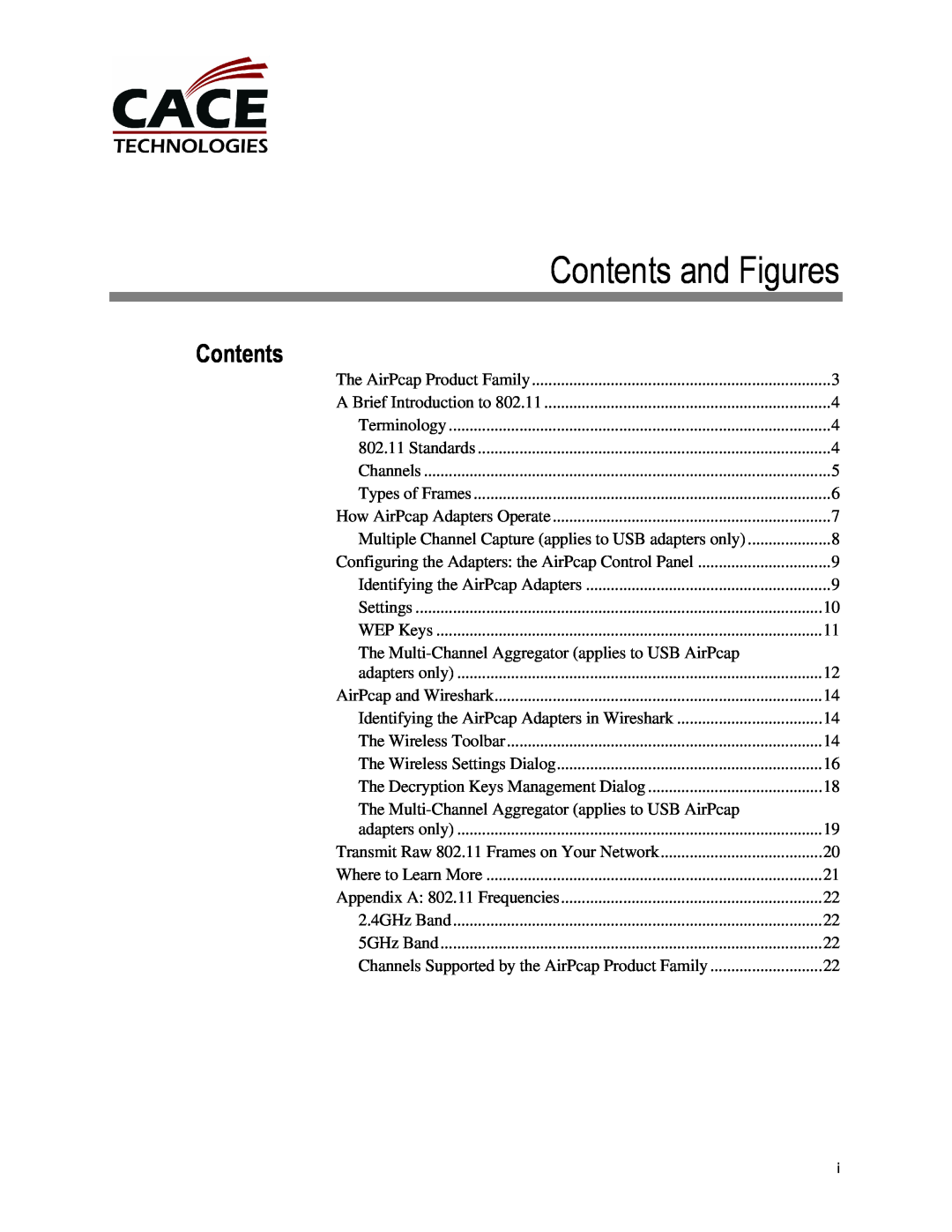 Cace Technologies AirPcap Wireless Capture Adapters manual Contents and Figures 