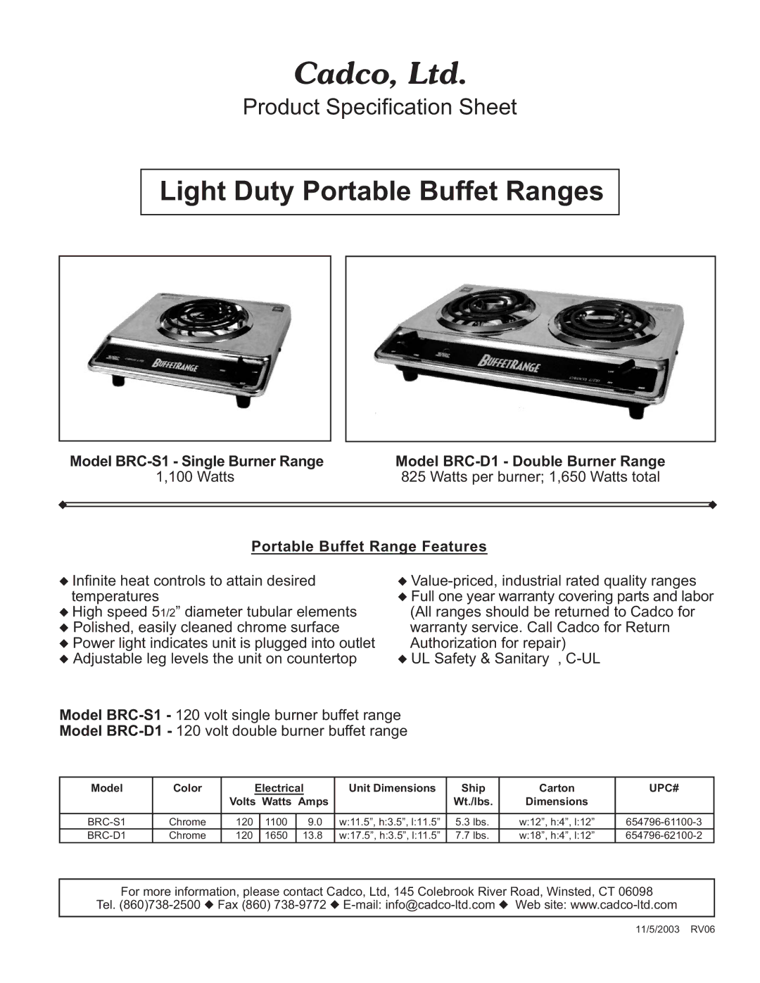 Cadco BRC-D1 specifications Light Duty Portable Buffet Ranges, Model BRC-S1 Single Burner Range, Upc# 