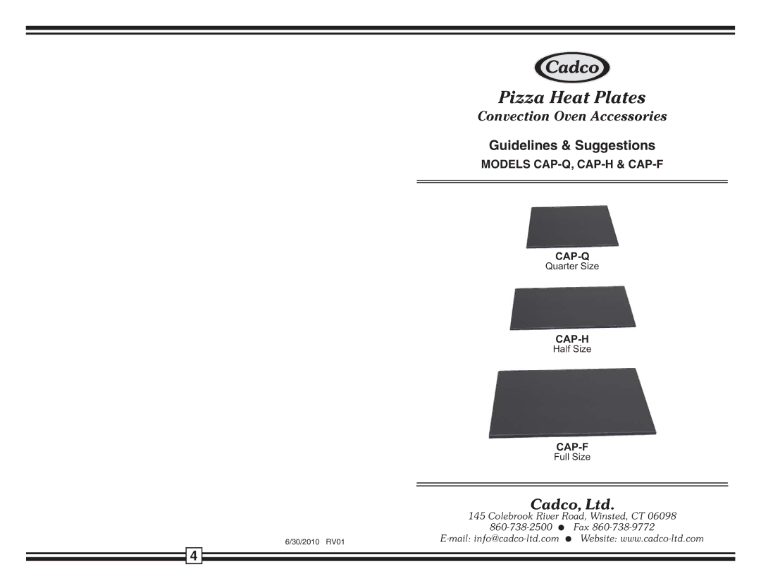 Cadco manual Pizza Heat Plates, Convection Oven Accessories, Guidelines & Suggestions, Models CAP-Q, CAP-H & CAP-F 