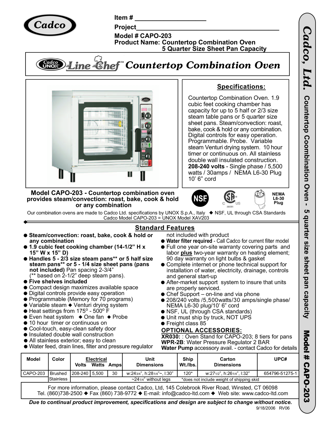 Cadco dimensions Item #, Project, Model # CAPO-203, Product Name Countertop Combination Oven, Specifications 