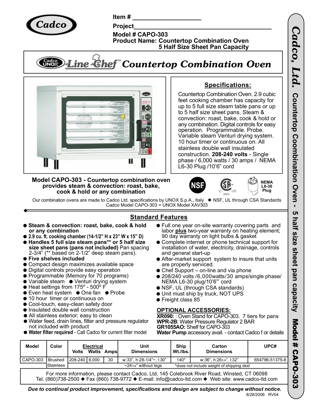 Cadco dimensions Countertop Coombination Oven, Item #, Project, Model # CAPO-303, Half Size Sheet Pan Capacity 