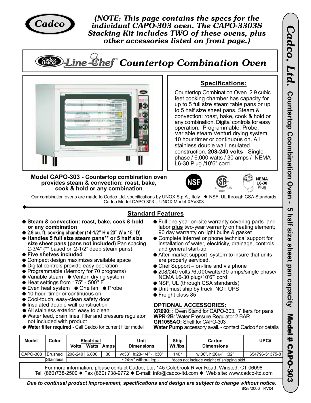 Cadco CAPO-3303S specifications Countertop Coombination Oven, # CAPO-303, Specifications, Standard Features 