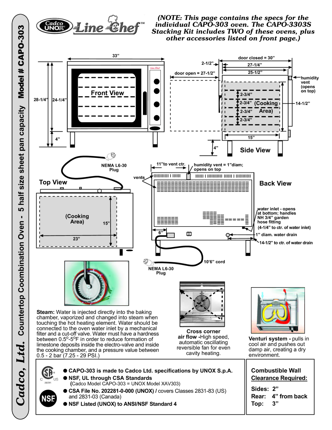 Cadco CAPO-3303S specifications Sheet pan capacity Model # Capo, Size, Oven 5 half 