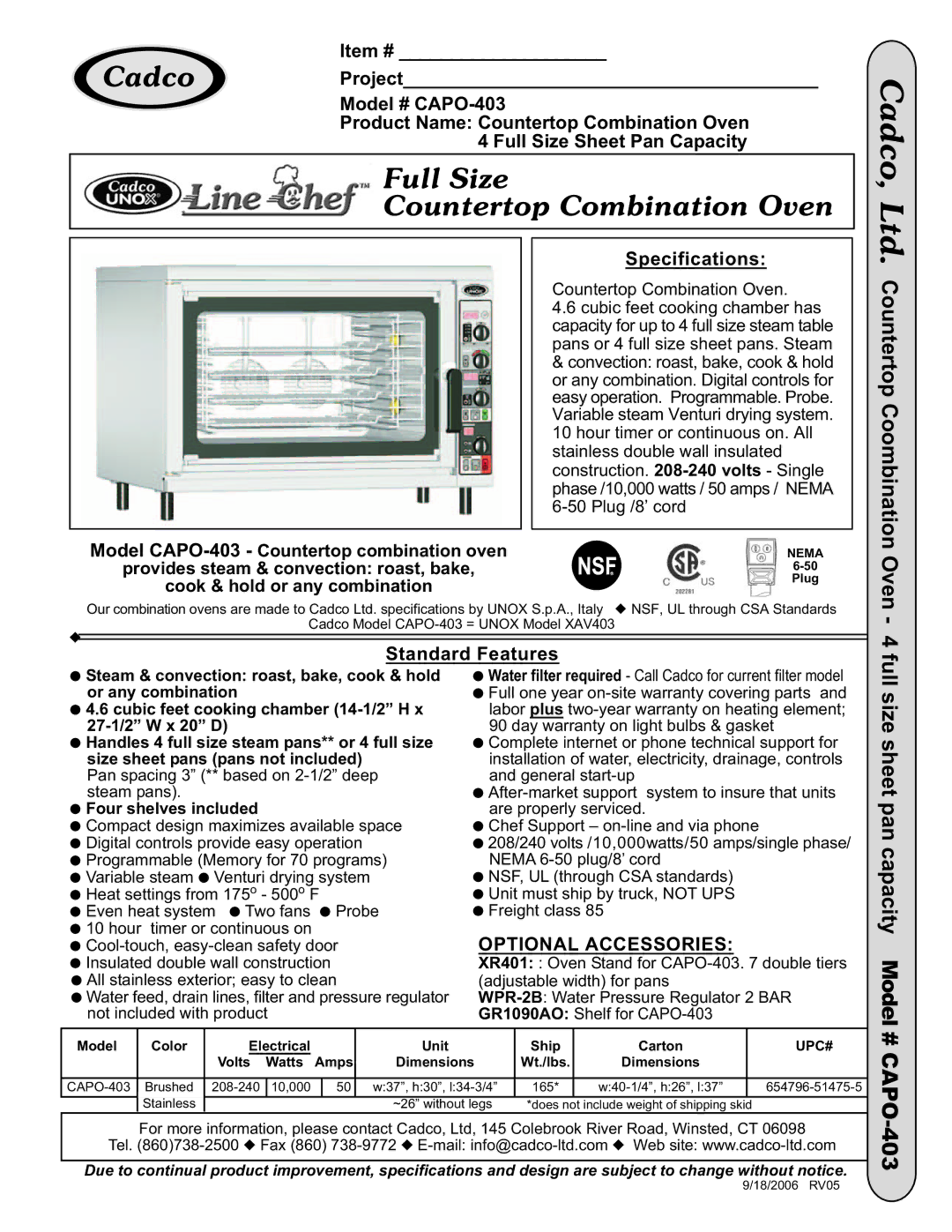 Cadco dimensions Countertop Coombination Oven, Full size sheet pan capacity Model, # CAPO-403, Specifications 