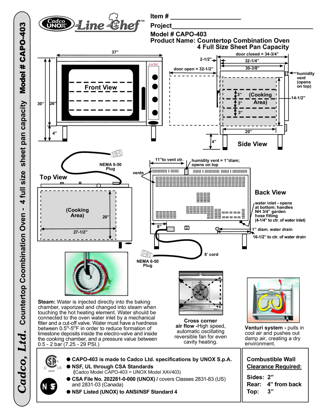 Cadco dimensions Pan capacity Model # CAPO-403, Oven 4 full size sheet, Side View, Top View, Back View 