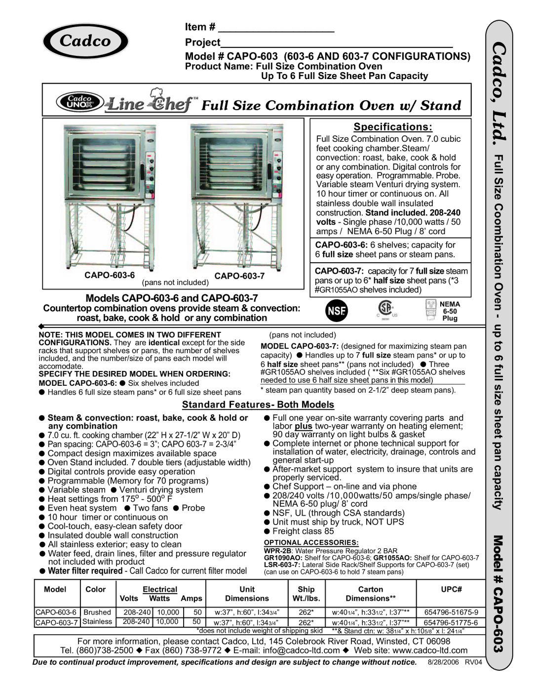 Cadco CAPO-603-6 specifications Model #, Size Coombination Oven, Full size, Sheet pan capacity 