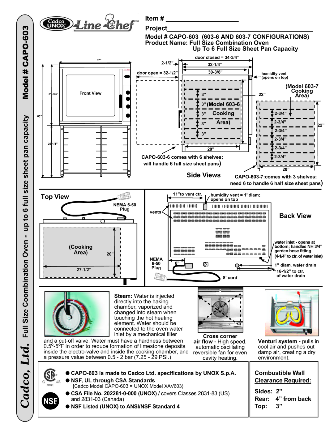 Cadco CAPO-603-6 specifications Size sheet pan capacity Model # CAPO-603, Item # Project, Side Views, Back View 