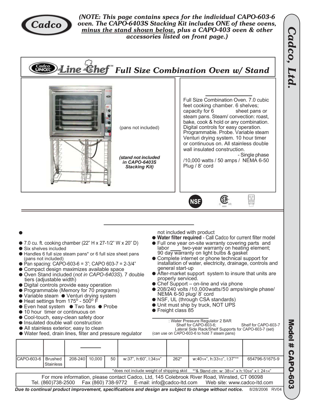 Cadco CAPO-6403S specifications Model, # CAPO-603, Full Size Coombination Oven To u, Size sheet pan capacity 