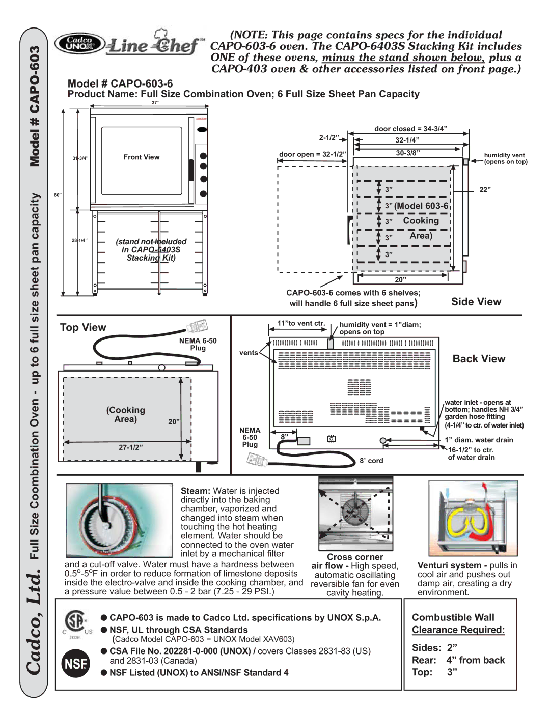 Cadco CAPO-6403S specifications Size sheet pan capacity Model, Side View, Coombination Oven up to 6 full Top View 