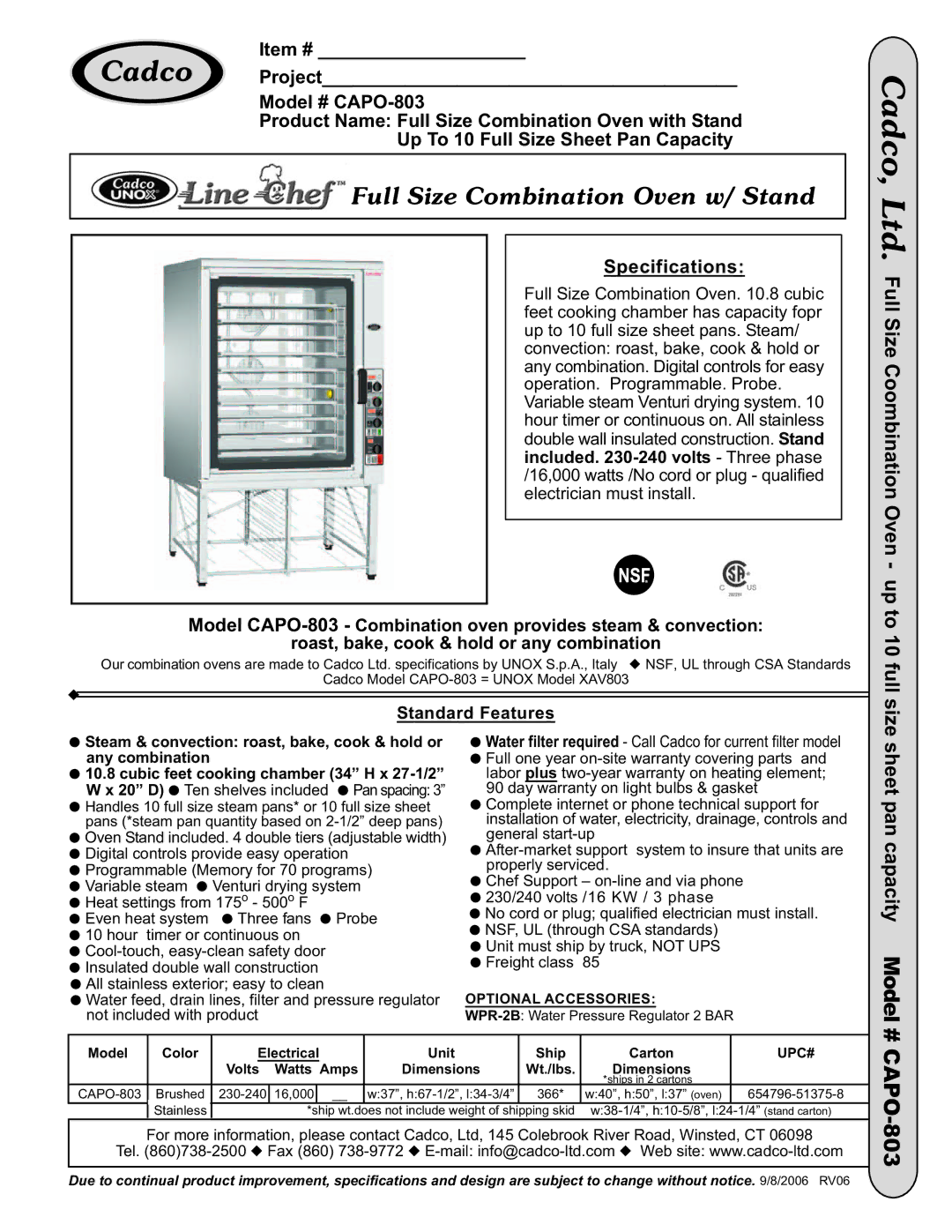 Cadco CAPO-803 specifications Size Coombination Oven Up to, Sheet pan capacity Model #, Specifications 