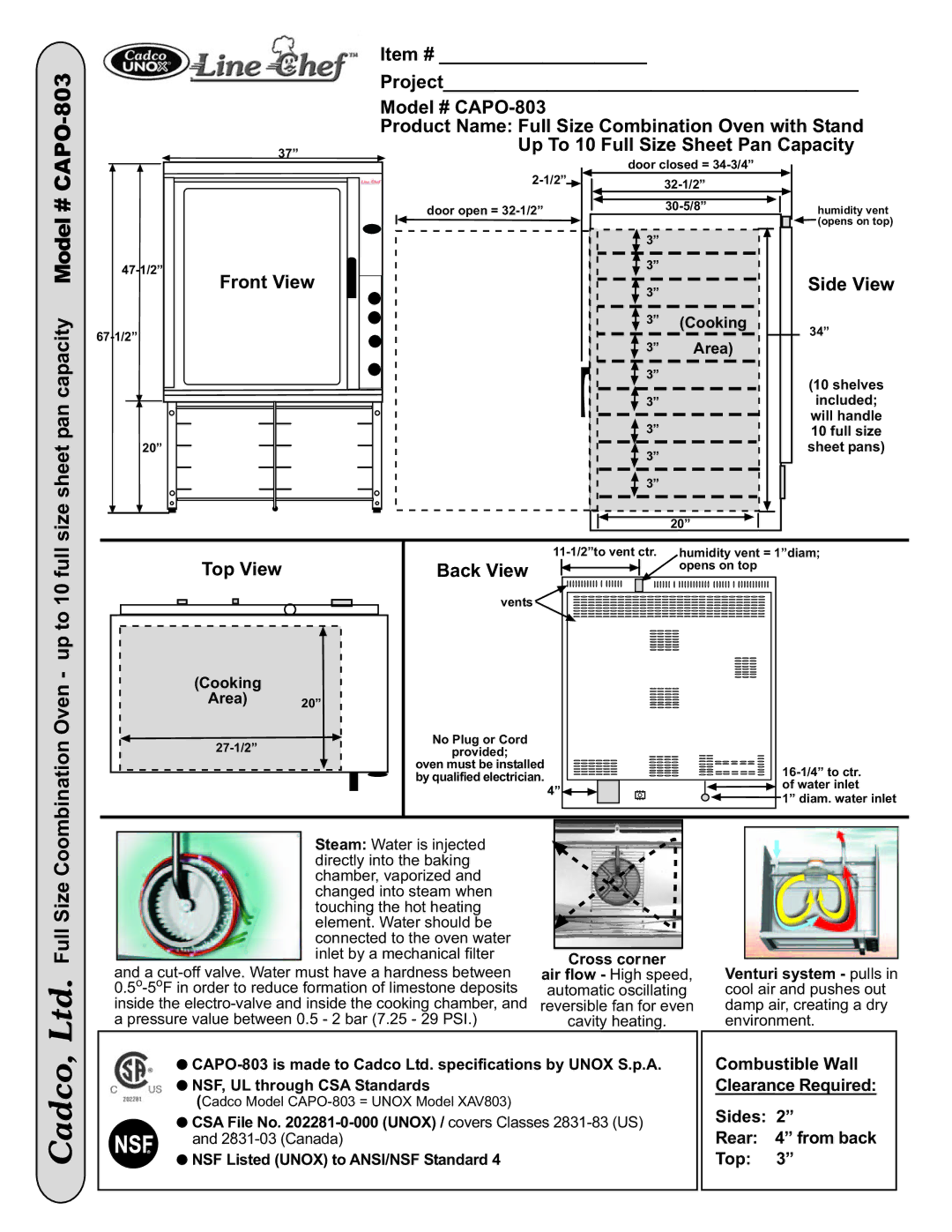 Cadco specifications Size sheet pan capacity Model # CAPO-803, Side View, Top View, Back View 