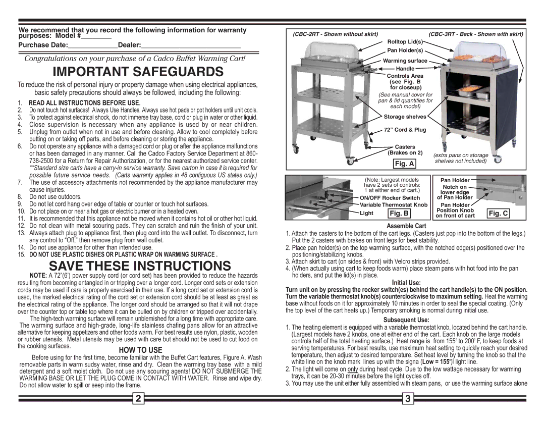 Cadco CBC-5RT, CBC-3RT, CBC-2RT, CBC-4RT warranty Assemble Cart, Initial Use, Subsequent Use 