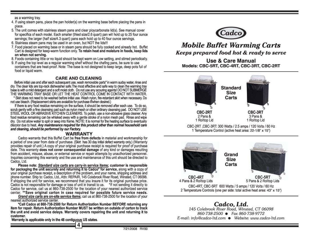 Cadco CBC-2RT warranty Use & Care Manual, Mobile Buffet Warming Carts, Keeps prepared food hot & ready to serve, Grand 