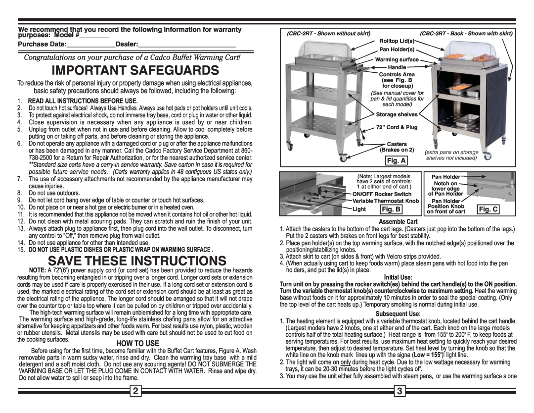 Cadco CBC-5RT Important Safeguards, Save These Instructions, Read All Instructions Before Use, Fig. B, Fig. C, Initial Use 