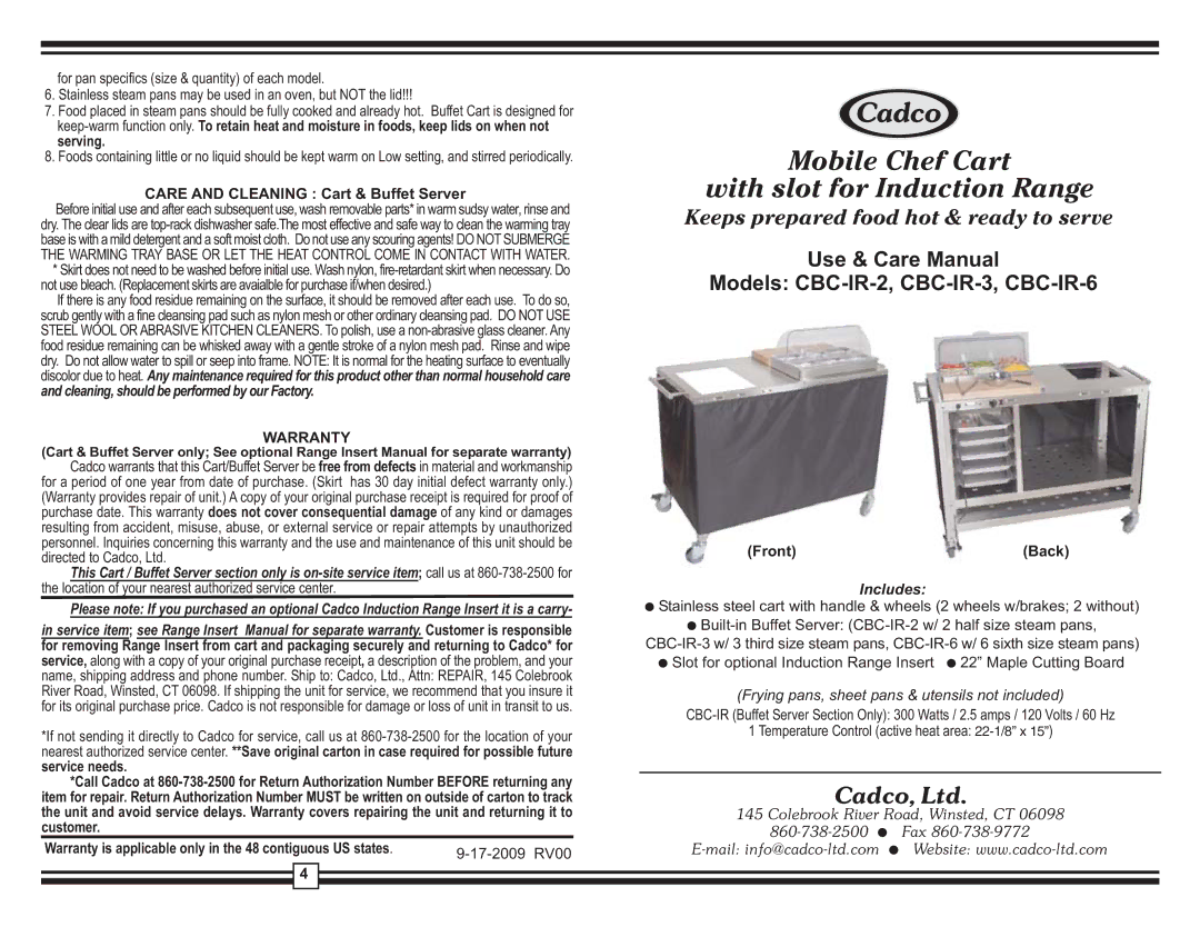 Cadco CBC-IR-2, CBC-IR-6, CBC-IR-3 warranty Care and Cleaning Cart & Buffet Server, Warranty, Front Back, Includes 