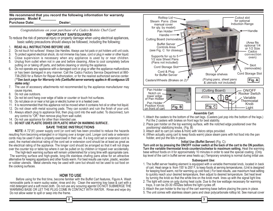 Cadco CBC-IR-3, CBC-IR-6, CBC-IR-2 warranty Important Safeguards, Read ALL Instructions Before USE, States only 