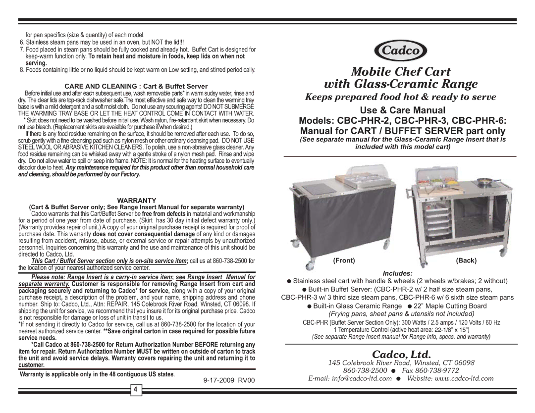 Cadco CBC-PHR-2, CBC-PHR-6, CBC-PHR-3 warranty Care and Cleaning Cart & Buffet Server, Warranty, Front Back, Includes 