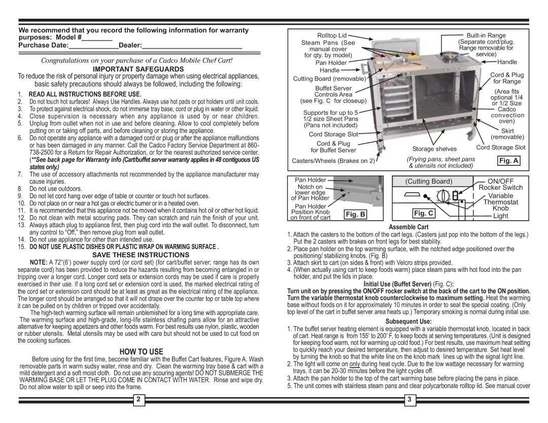 Cadco CBC-PHR-3, CBC-PHR-6, CBC-PHR-2 warranty Important Safeguards, Read ALL Instructions Before USE, States only 