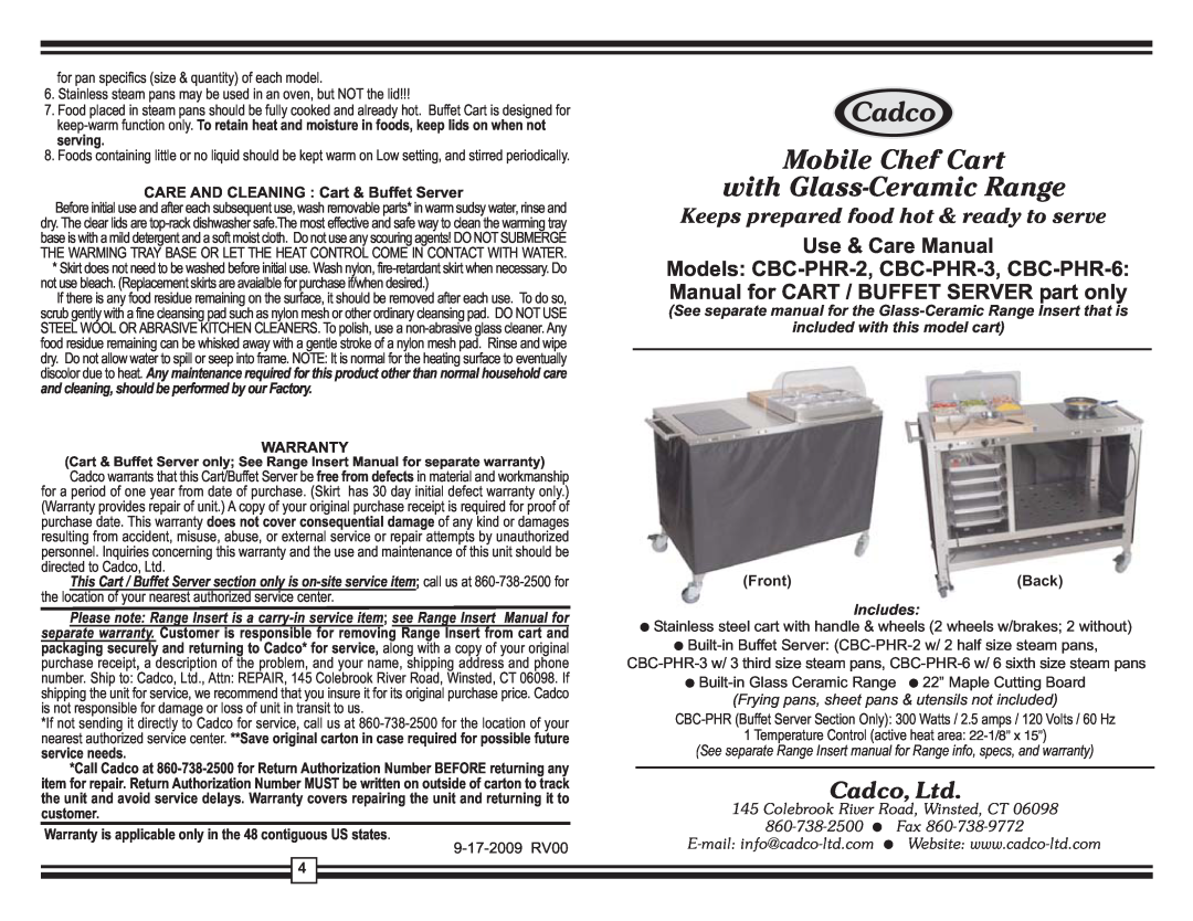 Cadco CBC-PHR-2 warranty See separate manual for the Glass-Ceramic Range Insert that is, included with this model cart 