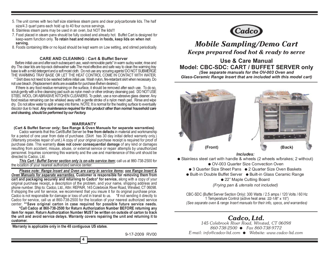 Cadco CBC-SDC warranty Care and Cleaning Cart & Buffet Server, Warranty, Front Back, Includes 