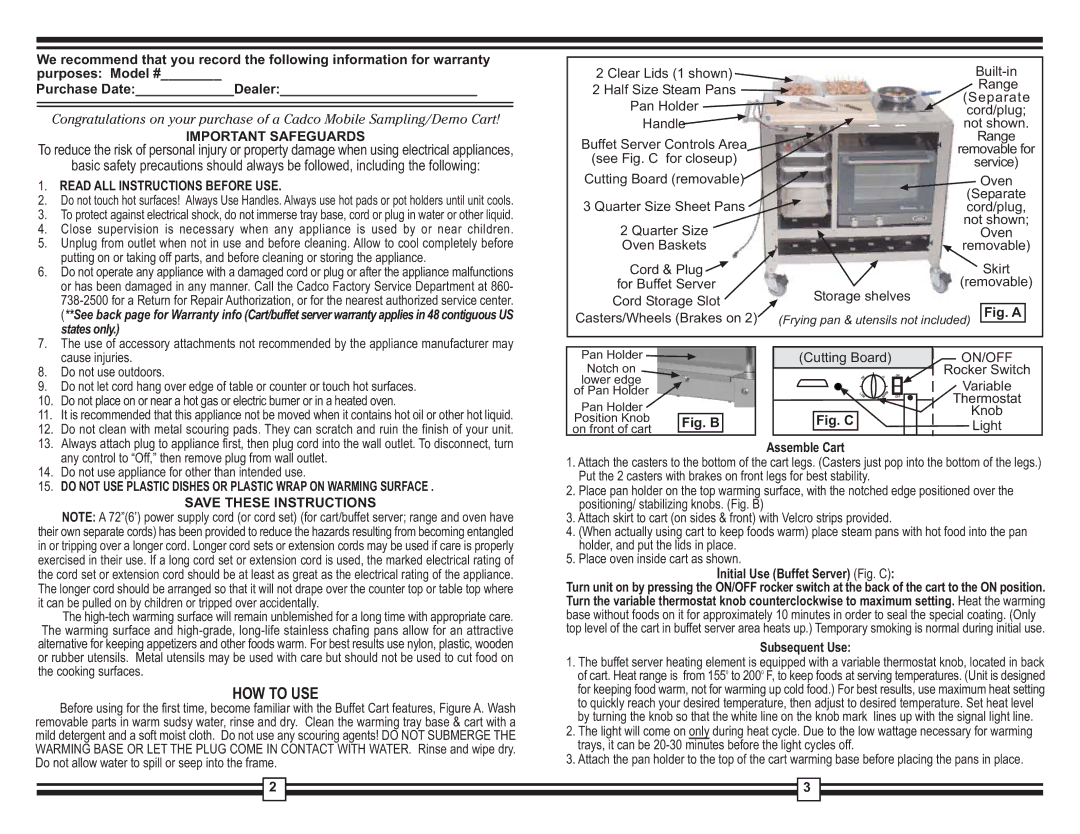 Cadco CBC-SDC warranty Important Safeguards, Read ALL Instructions Before USE, States only 