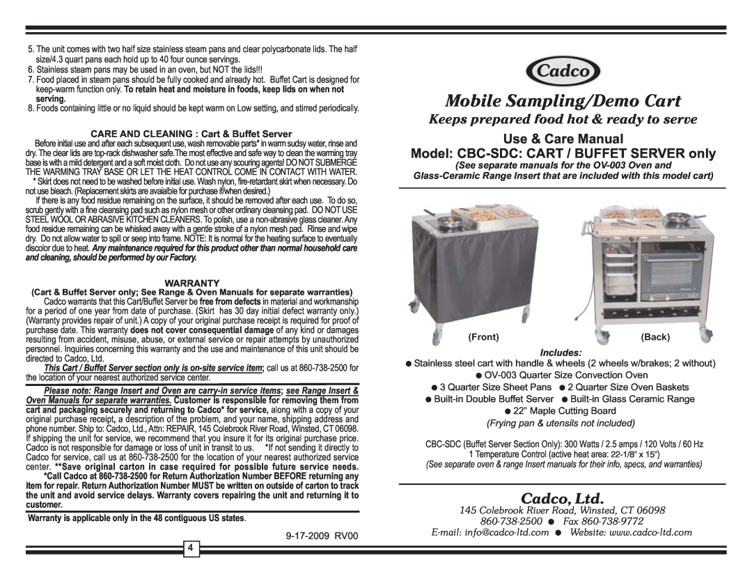 Cadco CBC-SDC warranty See separate manuals for the OV-003Oven and, Includes, Frying pan & utensils not included, l Fax 