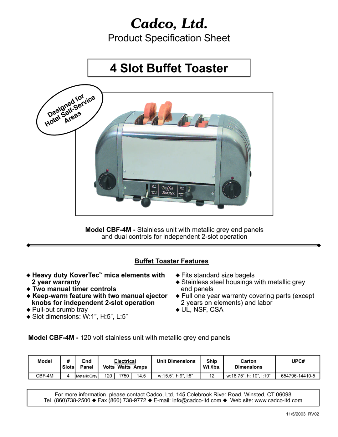 Cadco CBF-4M specifications Slot Buffet Toaster, Upc# 