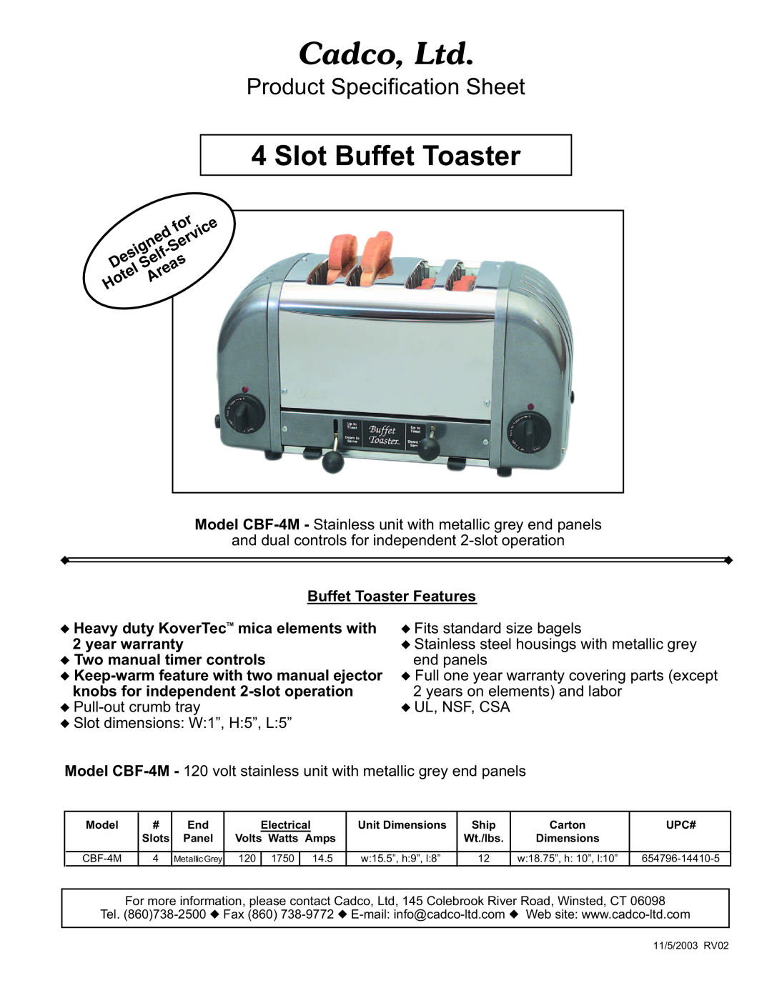 Cadco CBF-4M specifications Slot Buffet Toaster, Product Specification Sheet, Buffet Toaster Features 