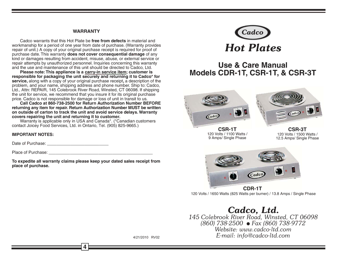 Cadco CSR - 3T, CDR-1T, CSR - 1T warranty Warranty, CSR-1T CSR-3T 